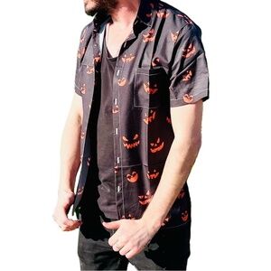 Halloween Hawaiian Pumpkin Print Button Down Shirt